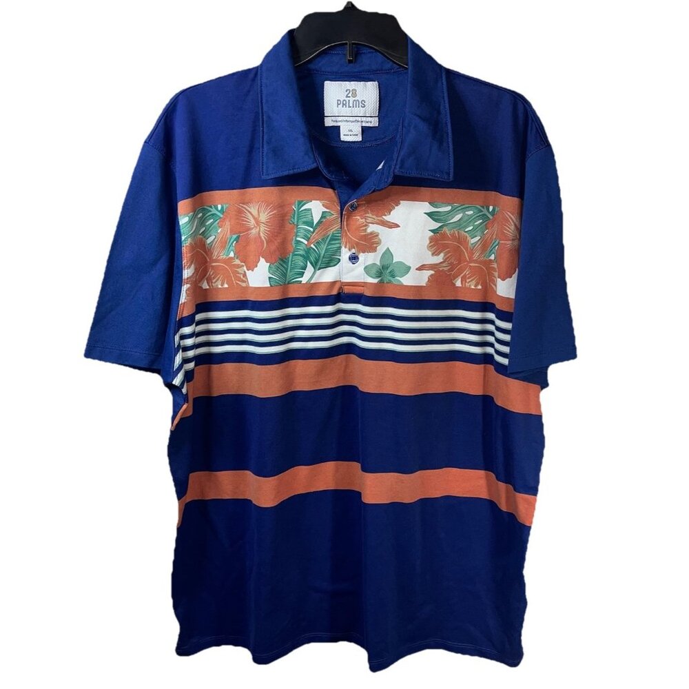 28 Palms Polo Short Sleeve Hawaiian Blue Orange 1/4 Button Up Sz XXL